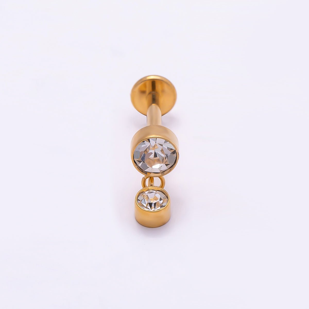Titanium 14mm Clear CZ Round Drop Cartilage Piercing Flat Back Stud in Gold &amp; Silver | BJ-00063 BJ-00064