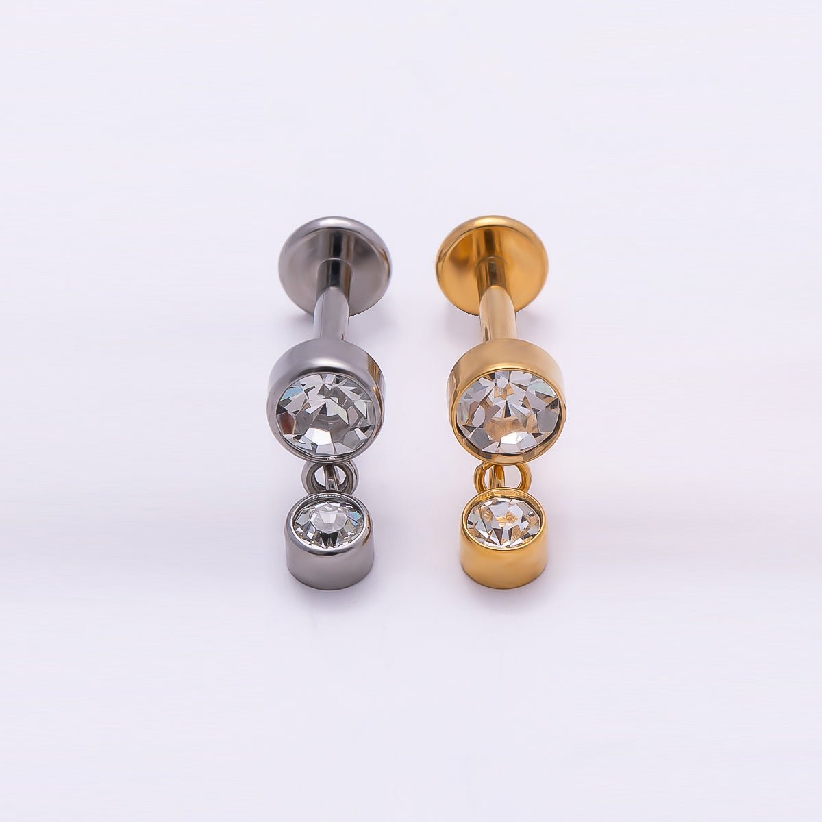 Titanium 14mm Clear CZ Round Drop Cartilage Piercing Flat Back Stud in Gold &amp; Silver | BJ-00063 BJ-00064
