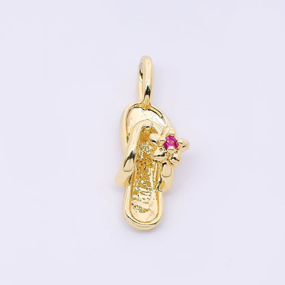 24K Gold Filled 14mm Fuchsia Flower CZ Flip Flop Sandals Pendant in Gold &amp; Silver | AH528