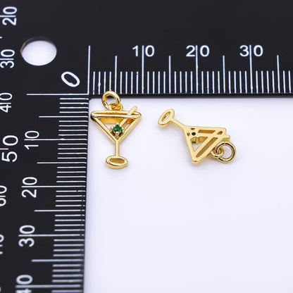 24K Gold Filled 14mm Green Round CZ Martini Glass Alcoholic Drink Charm | AF-524
