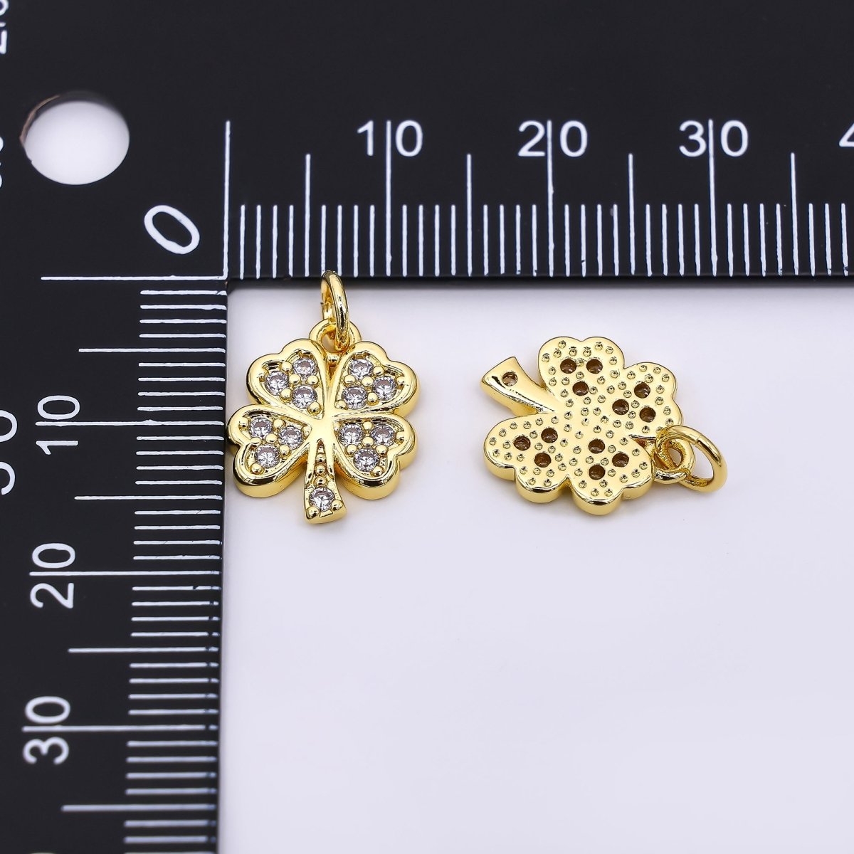 24K Gold Filled 14mm Micro Paved CZ 4 Leaf Lucky Clover Floral Charm | AF536
