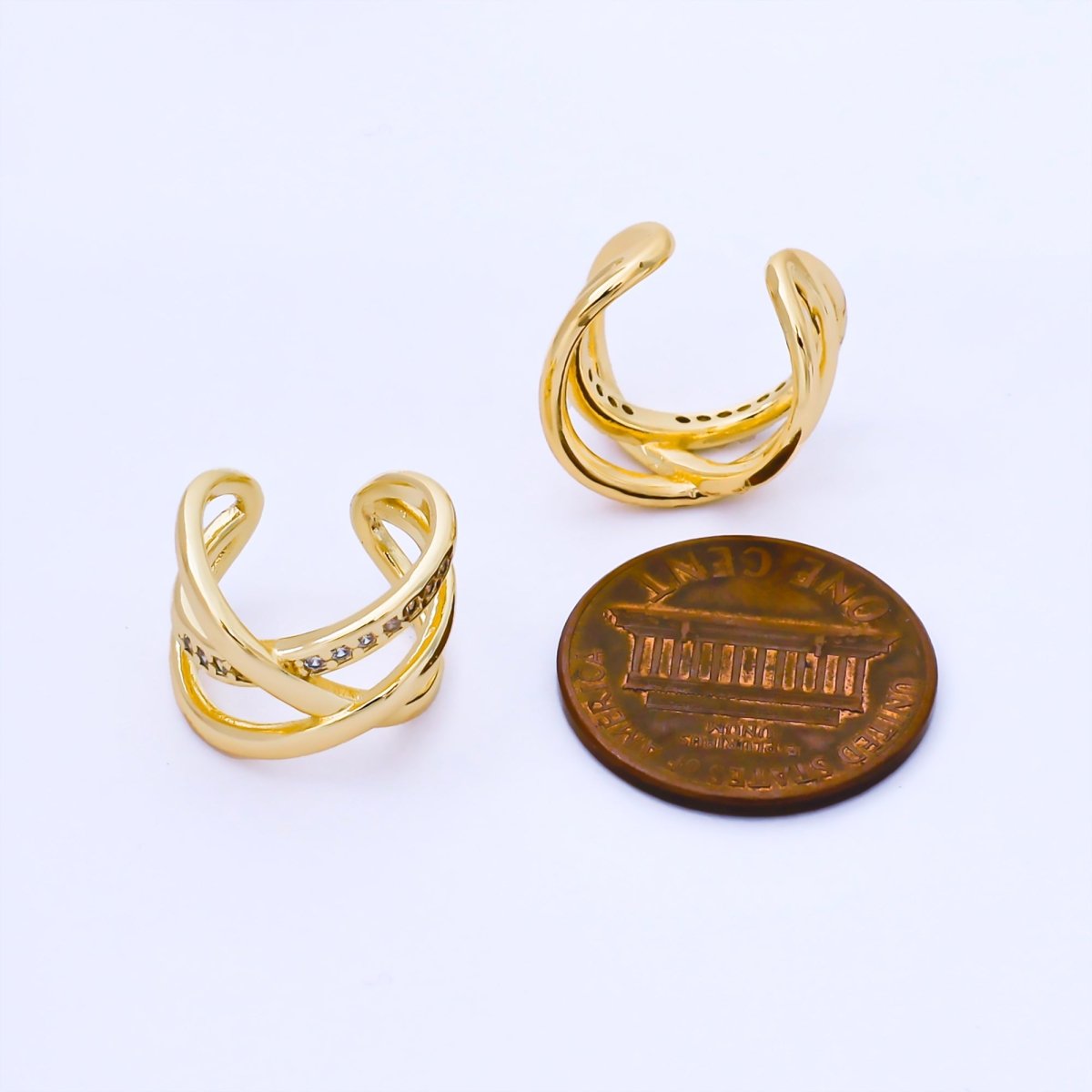 24K Gold Filled 14mm Micro Paved CZ Crossed Multiple Band Ear Cuff Earrings | AI186