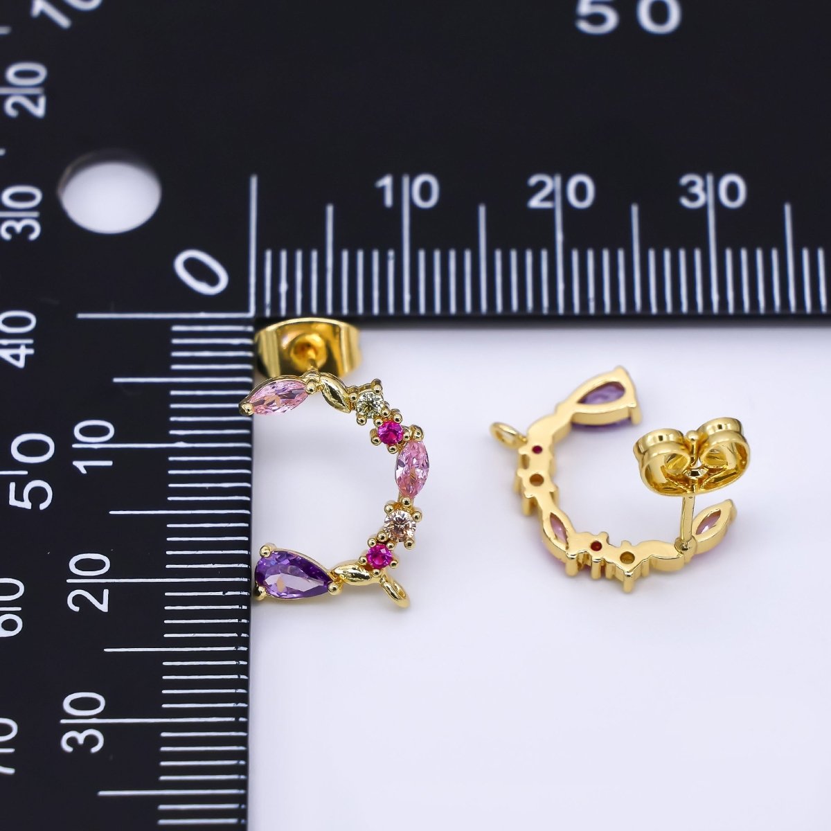 24K Gold Filled 14mm Mixed-Cut CZ C-Shaped Floral Half-Earrings Open Loop Earring Findings | K-003
