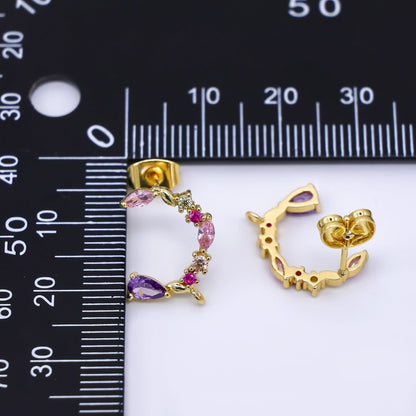 24K Gold Filled 14mm Mixed-Cut CZ C-Shaped Floral Half-Earrings Open Loop Earring Findings | K-003