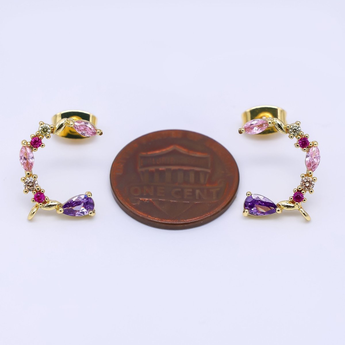 24K Gold Filled 14mm Mixed-Cut CZ C-Shaped Floral Half-Earrings Open Loop Earring Findings | K-003