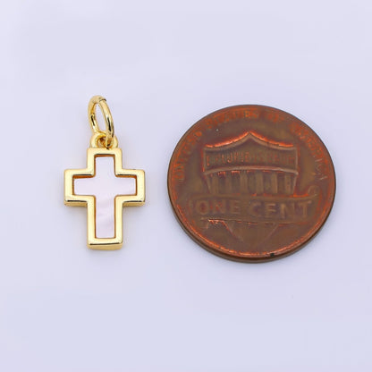 24K Gold Filled 14mm Shell Pearl Religious Christian Cross Bezel Charms | AH564