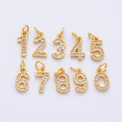 24K Gold Filled 14mm Number 0-9 Clear Micro Paved CZ Charm | N1025 - N1034