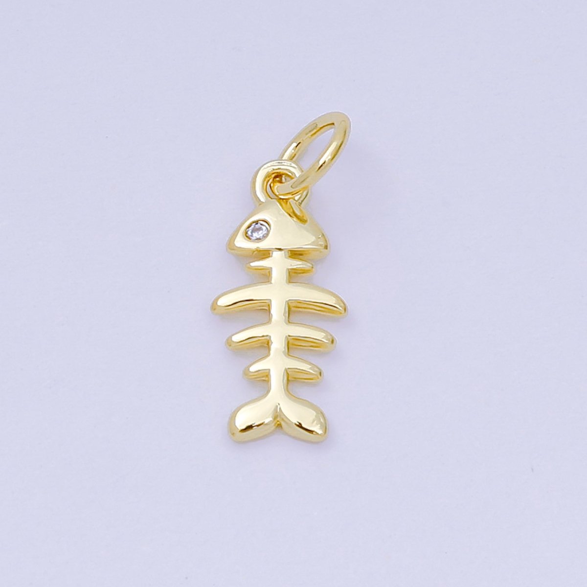 24K Gold Filled 14mm Round CZ Fishbone Minimalist Charm | D102