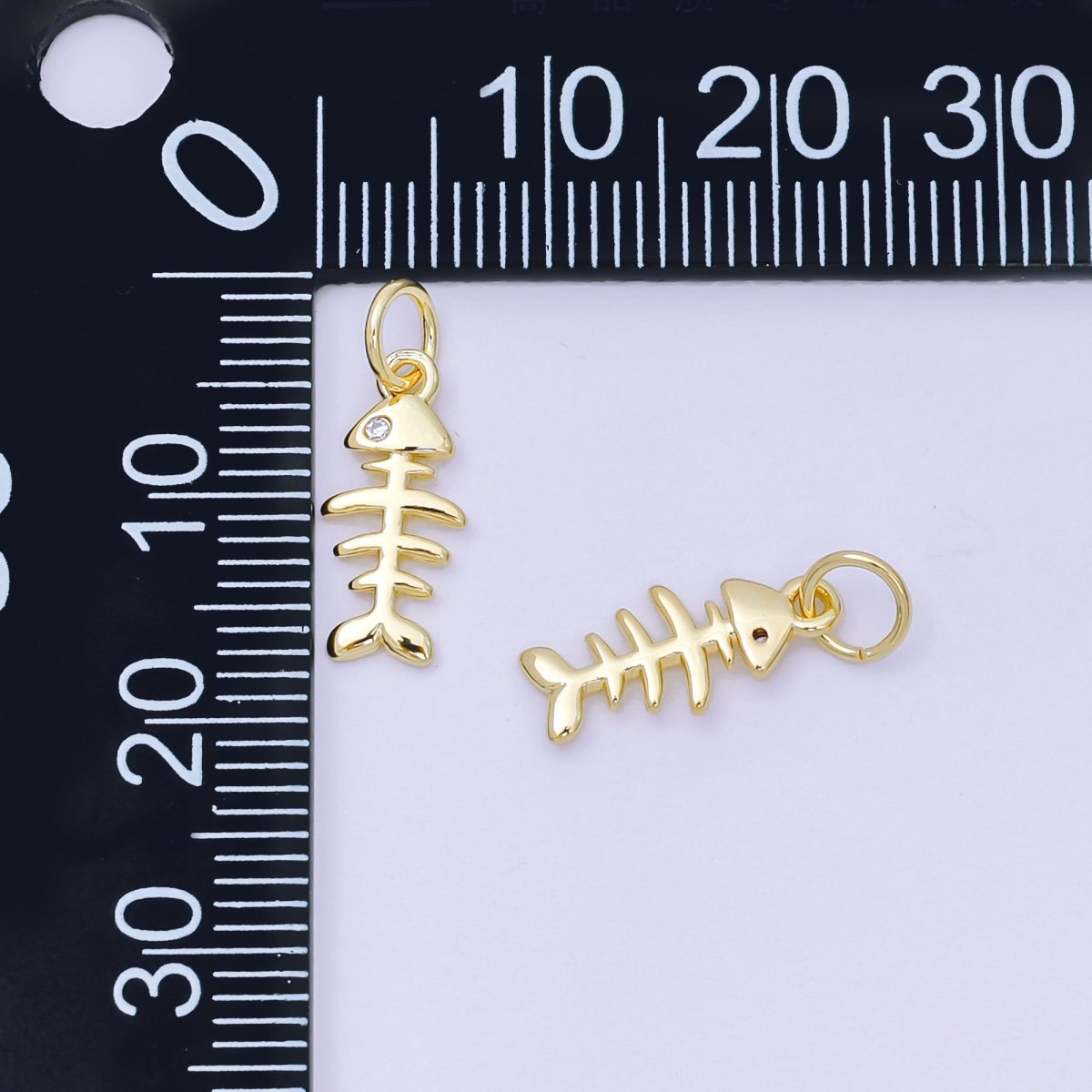 24K Gold Filled 14mm Round CZ Fishbone Minimalist Charm | D102