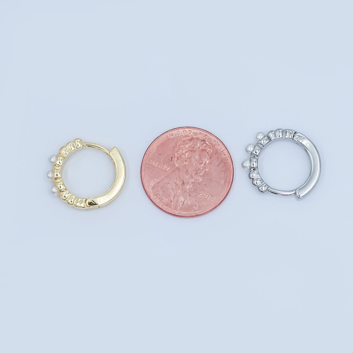 24K Gold Filled 14mm Shell Pearl Dotted Huggie Earrings in Gold &amp; Silver | AB1080 AB1082
