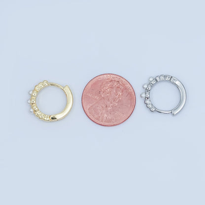 24K Gold Filled 14mm Shell Pearl Dotted Huggie Earrings in Gold &amp; Silver | AB1080 AB1082