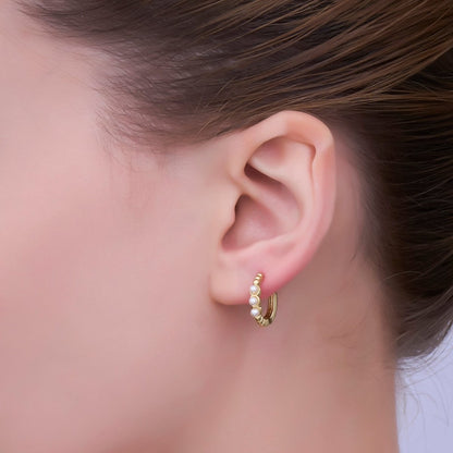 24K Gold Filled 14mm Shell Pearl Dotted Huggie Earrings in Gold &amp; Silver | AB1080 AB1082