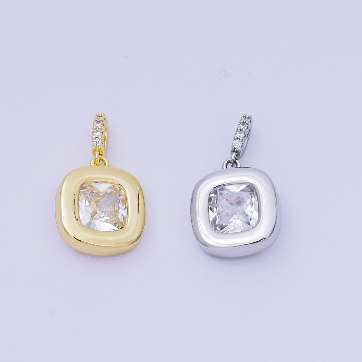 24K Gold Filled 14mm Square CZ Rounded Bezel Rectangular Center point Pendant in Gold &amp; Silver | AH-527