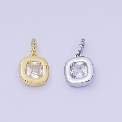 24K Gold Filled 14mm Square CZ Rounded Bezel Rectangular Center point Pendant in Gold &amp; Silver | AH-527