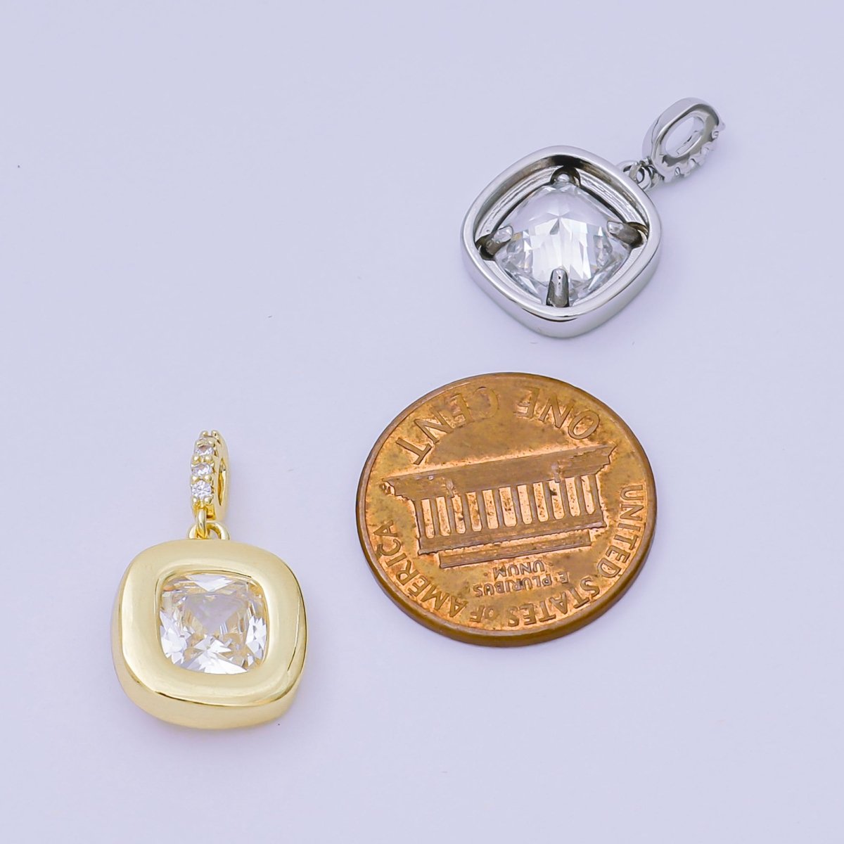 24K Gold Filled 14mm Square CZ Rounded Bezel Rectangular Center point Pendant in Gold &amp; Silver | AH-527