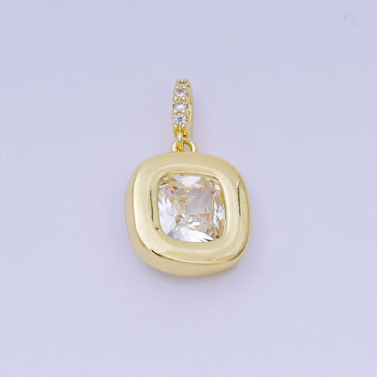 24K Gold Filled 14mm Square CZ Rounded Bezel Rectangular Center point Pendant in Gold &amp; Silver | AH-527
