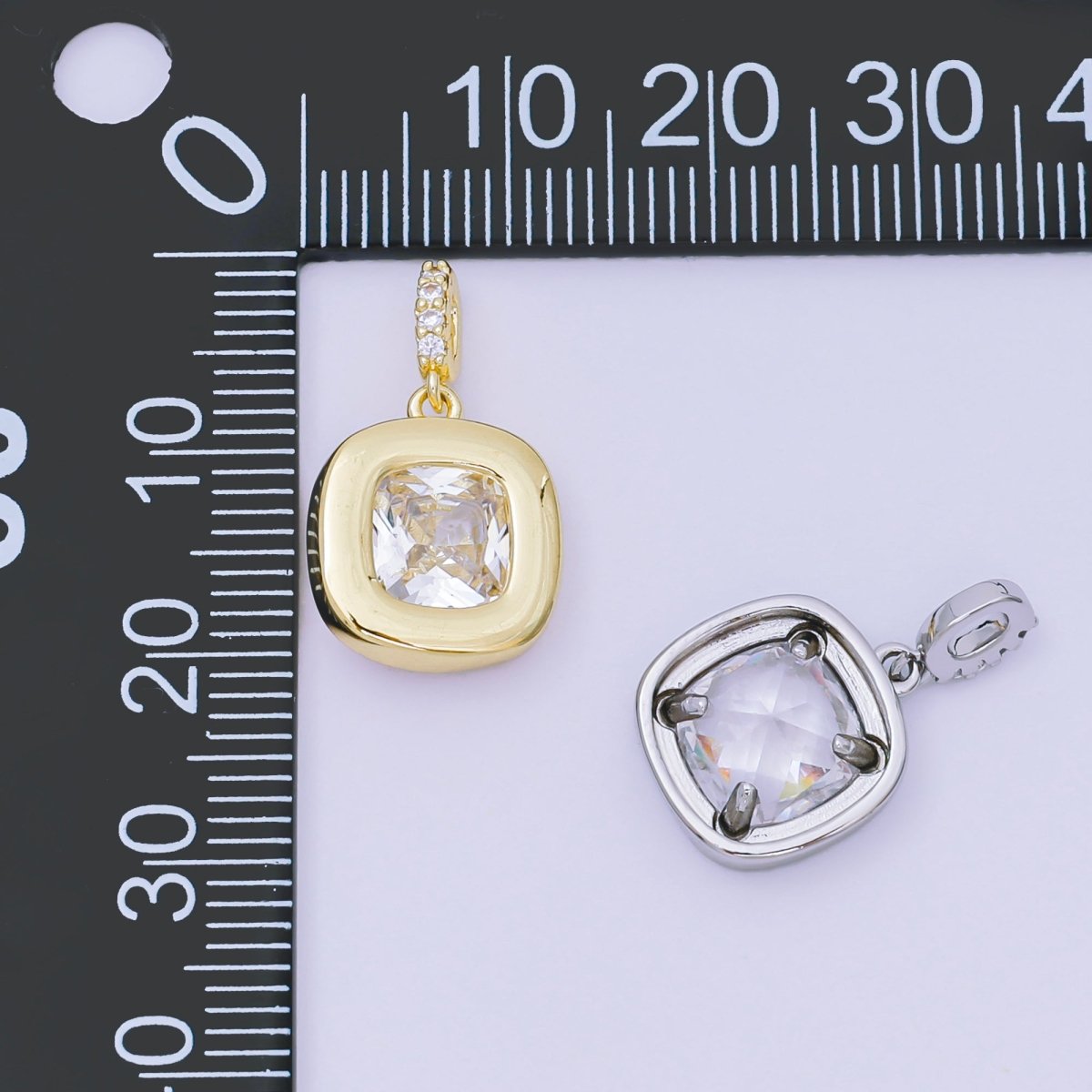 24K Gold Filled 14mm Square CZ Rounded Bezel Rectangular Center point Pendant in Gold &amp; Silver | AH-527