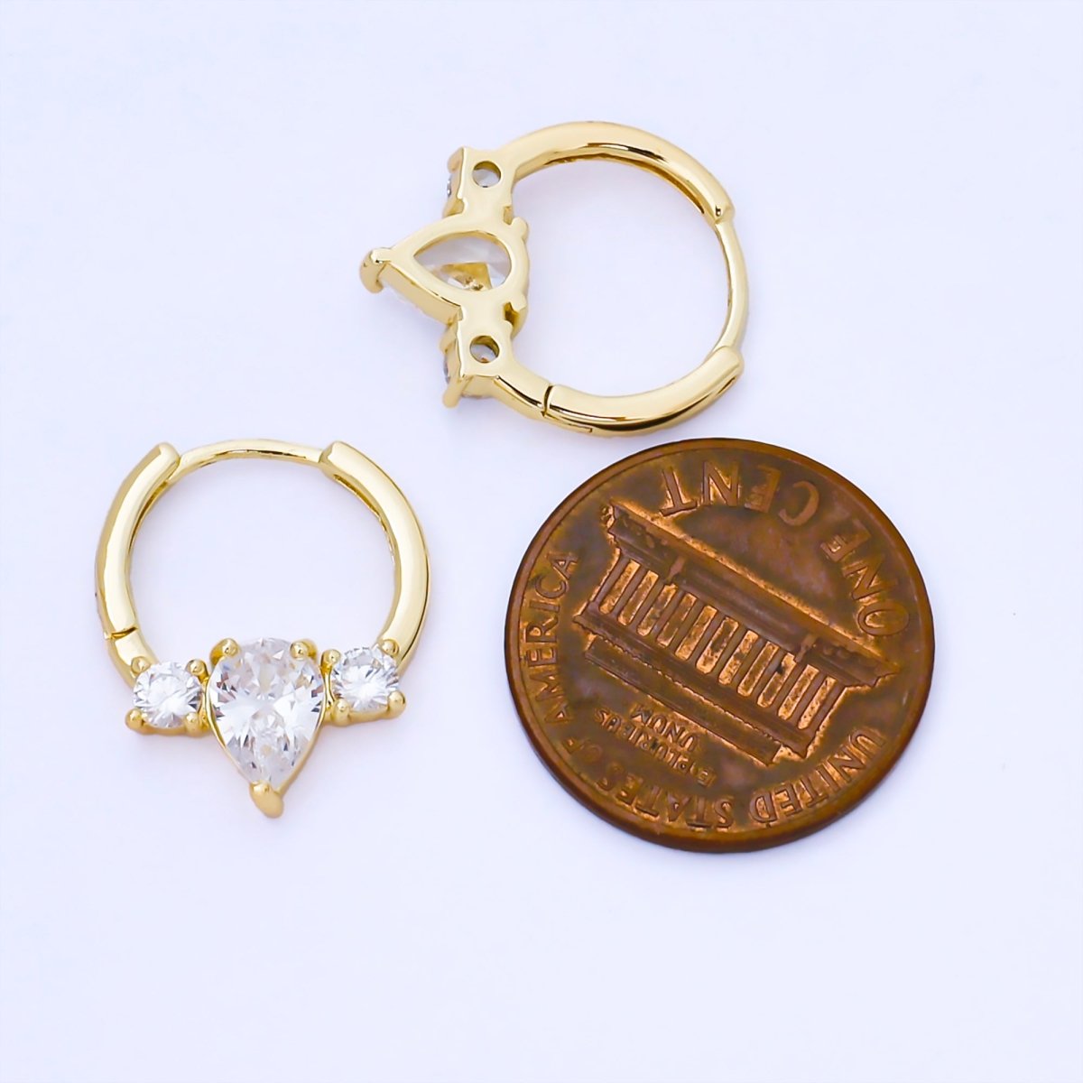 24K Gold Filled 15mm Clear CZ Three CZ Sideways Cluster Huggie Earrings | AB1624