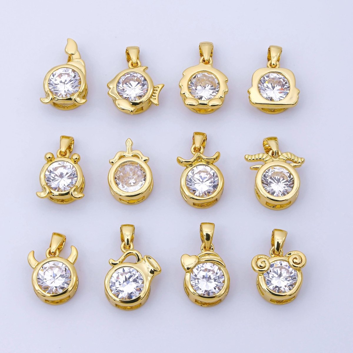 24K Gold Filled 15mm Clear CZ Zodiac Sign Pendant | A1352 - A1357