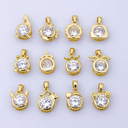 24K Gold Filled 15mm Clear CZ Zodiac Sign Pendant | A1352 - A1357