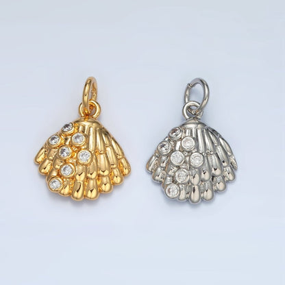 24K Gold Filled 15mm CZ Dotted Clam Sea Shell Charm in Gold &amp; Silver | AG862
