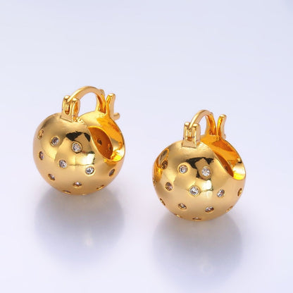 24K Gold Filled 15mm CZ Dotted Round Dome Latch Hoop Earrings | AB231