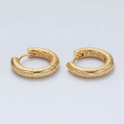 24K Gold Filled 15mm Dotted Textured Huggie Earrings | Q501