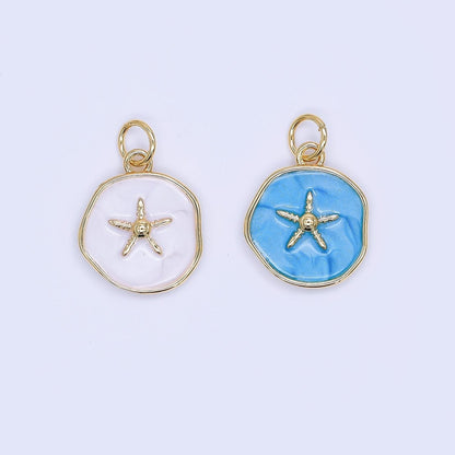 24K Gold Filled 15mm Enamel Floating Sea Starfish Charm in Blue &amp; White | AF-527