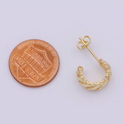 24K Gold Filled 15mm Geometric Quilted Bar C-Shaped Hoop Earrings | AB1202