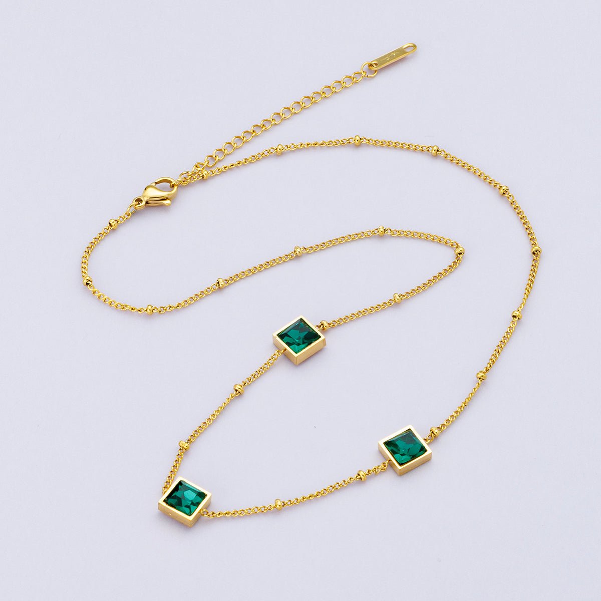 24K Gold Filled 15mm Green CZ Square Satellite Chain 20 Inch Necklace w. Extender | WA-04048