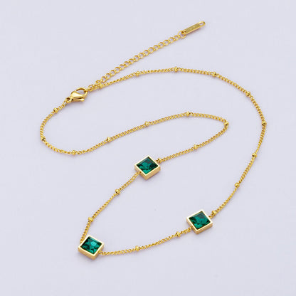 24K Gold Filled 15mm Green CZ Square Satellite Chain 20 Inch Necklace w. Extender | WA-04048