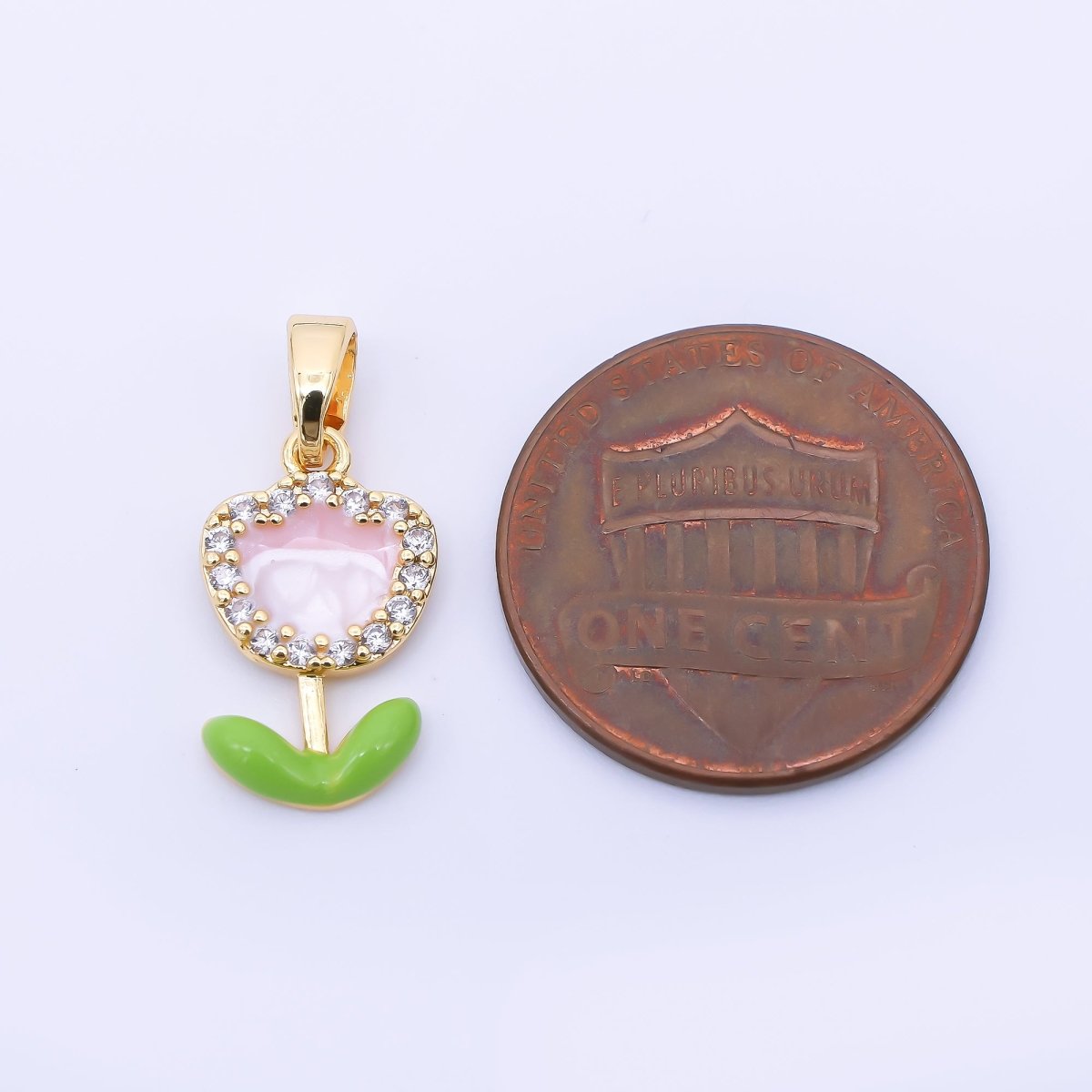 24K Gold Filled 15mm Micro Paved CZ Enamel Pink Rose Flower Pendant | AA1643