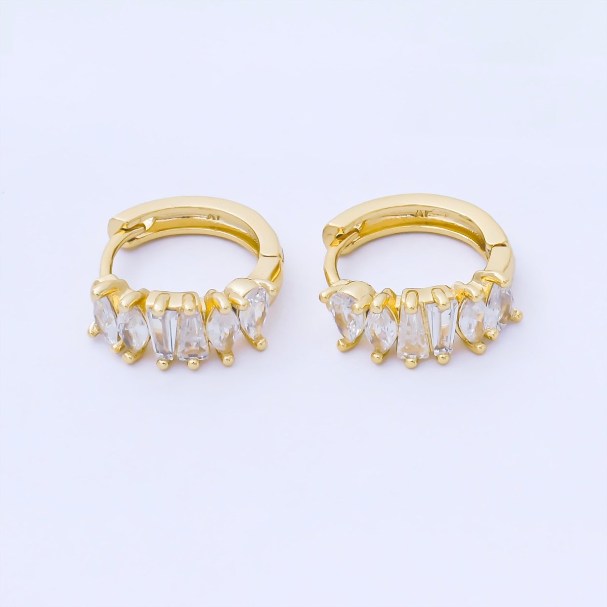24K Gold Filled 15mm Mixed-Cut Baguette Teardrop Marquise CZ Cluster Huggie Earrings | AB1626