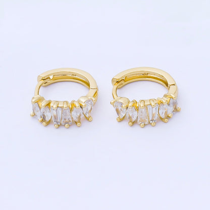 24K Gold Filled 15mm Mixed-Cut Baguette Teardrop Marquise CZ Cluster Huggie Earrings | AB1626