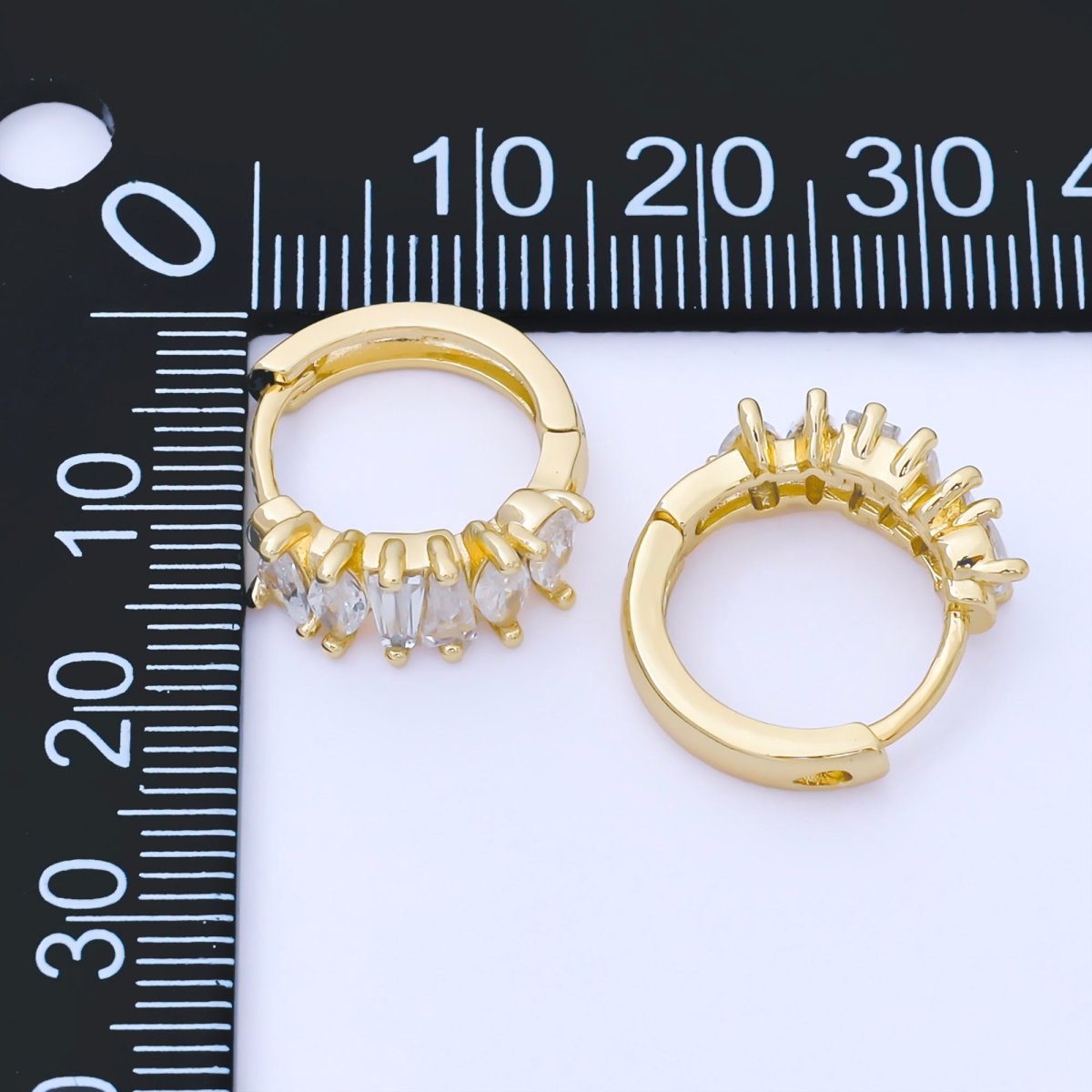 24K Gold Filled 15mm Mixed-Cut Baguette Teardrop Marquise CZ Cluster Huggie Earrings | AB1626