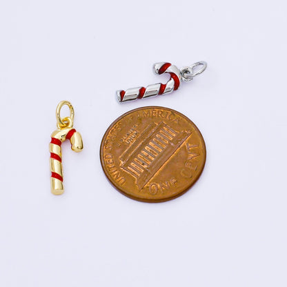 24K Gold Filled 15mm Red Candy Cane Christmas 3D Multidimensional Charm in Gold &amp; Silver | AF1297