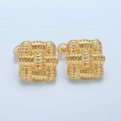 24K Gold Filled 15mm Ribbed Croissant Woven Square Stud Earrings | AD657