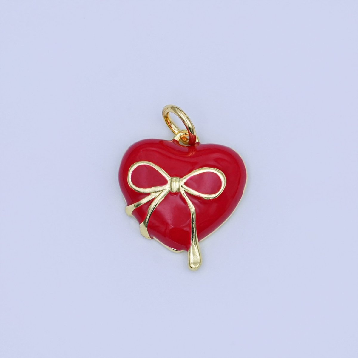 24K Gold Filled 15mm Ribbon Bow Heart Red Enamel Pendant | W523
