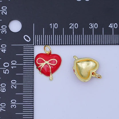 24K Gold Filled 15mm Ribbon Bow Heart Red Enamel Pendant | W523