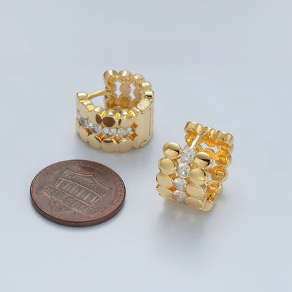 24K Gold Filled 15mm Triple Flat Round CZ Huggie Earrings | AD755