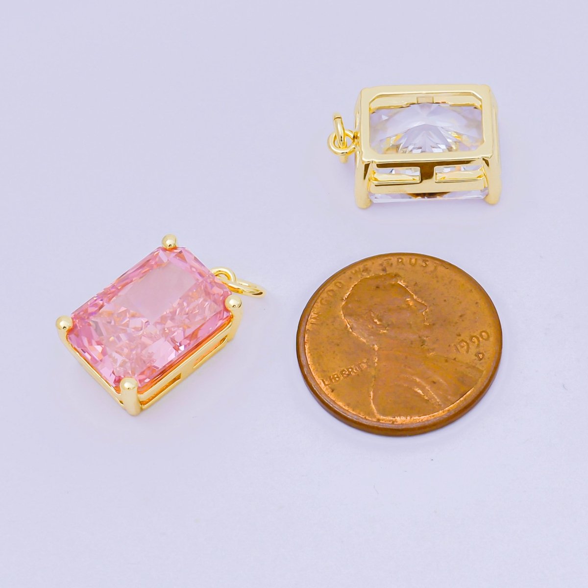 24K Gold Filled 16.5mm Clear, Pink Baguette CZ Charm | D397