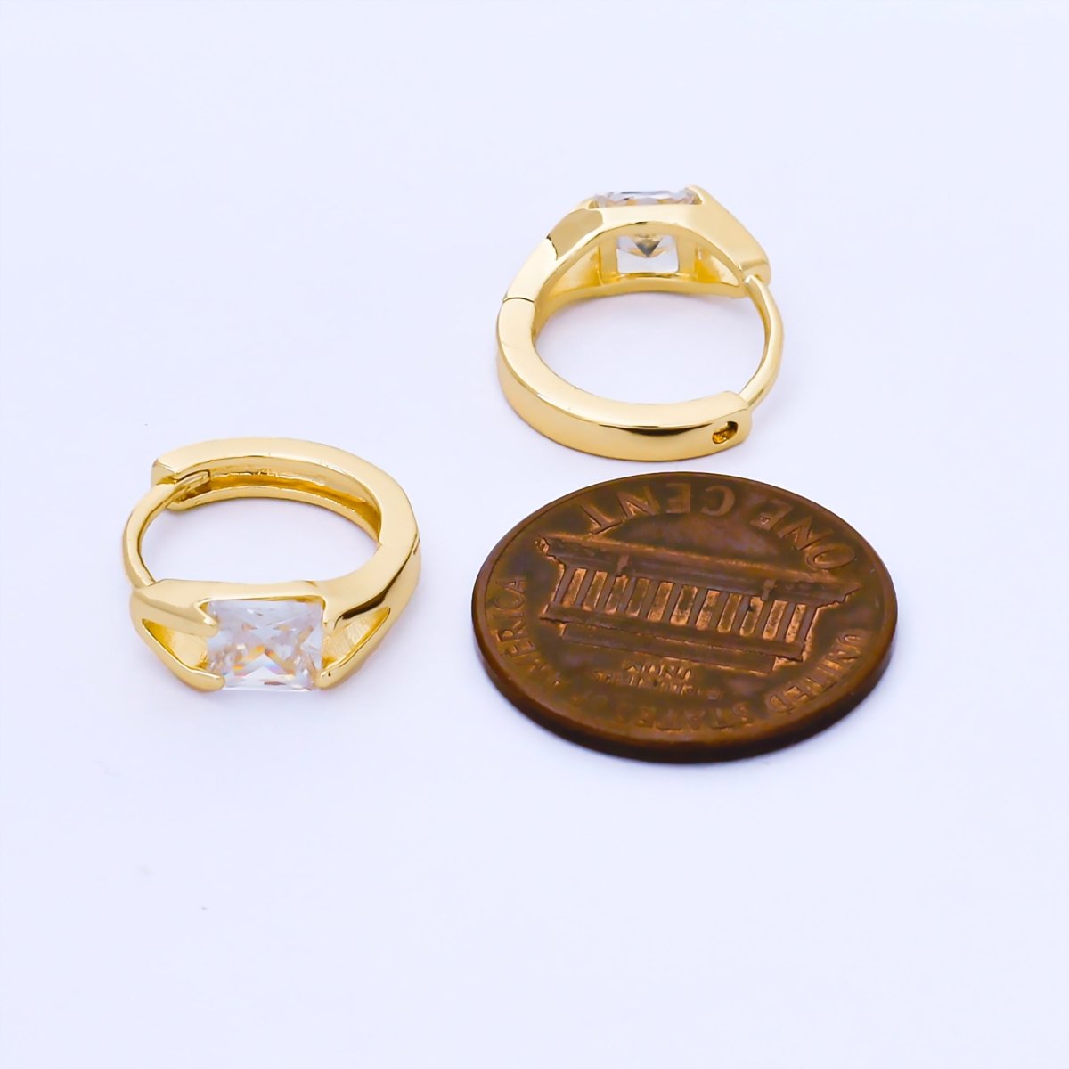 24K Gold Filled 16mm Clear Rectangular CZ Solitaire Huggie Earrings | AB1623