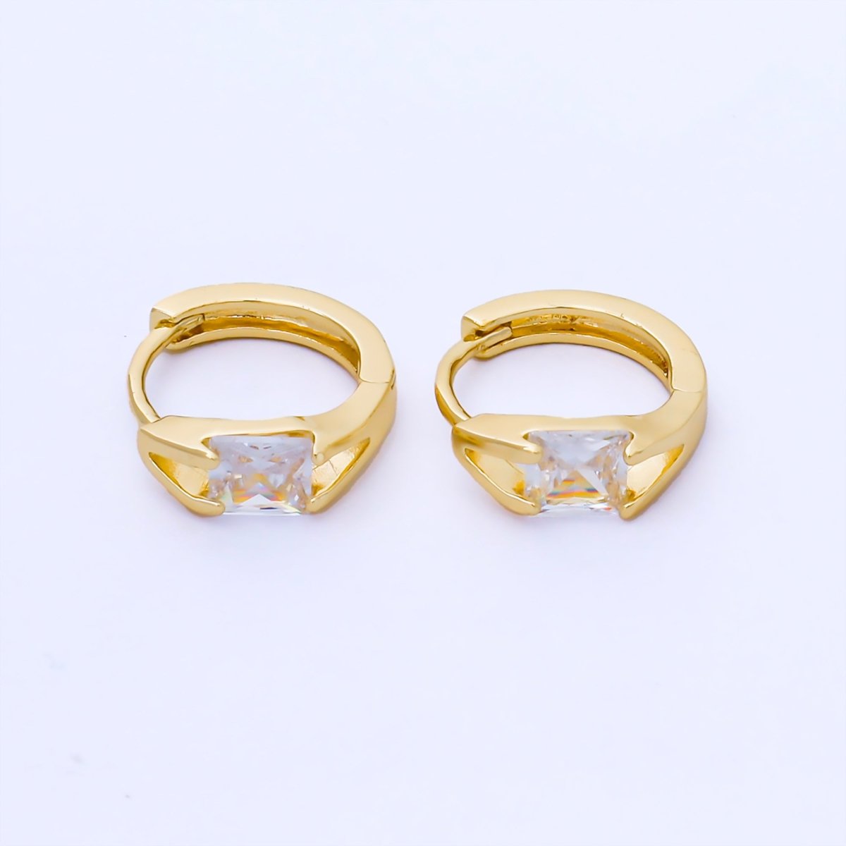 24K Gold Filled 16mm Clear Rectangular CZ Solitaire Huggie Earrings | AB1623