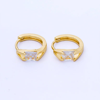 24K Gold Filled 16mm Clear Rectangular CZ Solitaire Huggie Earrings | AB1623