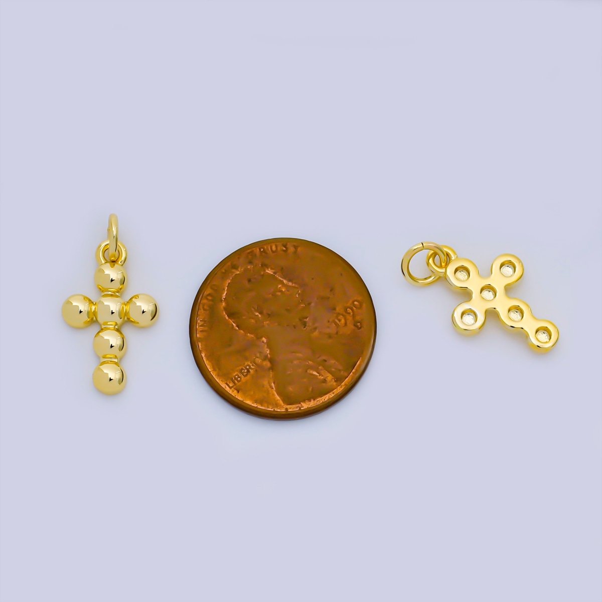 24K Gold Filled 16mm Dainty Beaded Bubble Cross Religious Charm | AJ383