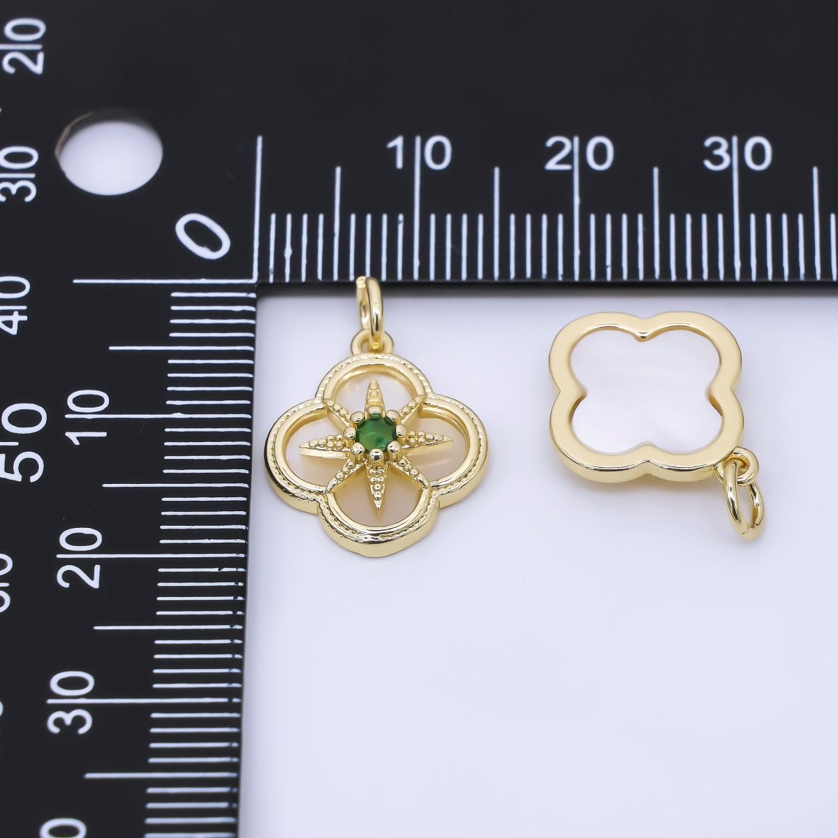 24K Gold Filled 16mm Green CZ Shell Pearl Northern Star Clover Flower Charm | AF1275