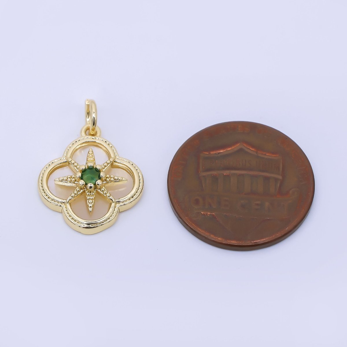 24K Gold Filled 16mm Green CZ Shell Pearl Northern Star Clover Flower Charm | AF1275