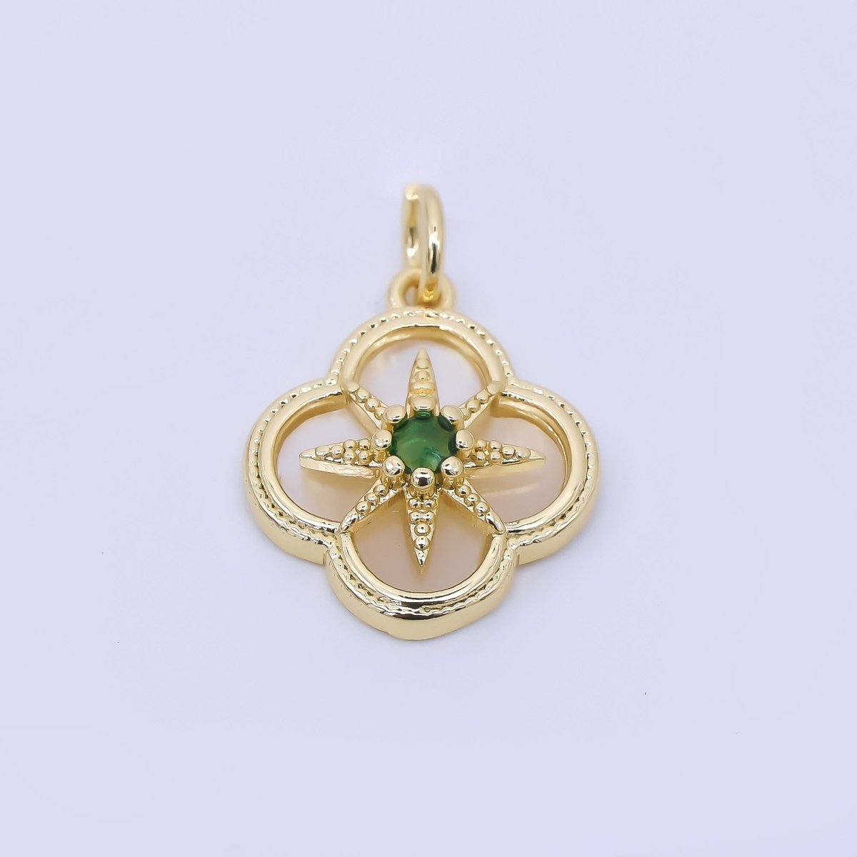 24K Gold Filled 16mm Green CZ Shell Pearl Northern Star Clover Flower Charm | AF1275