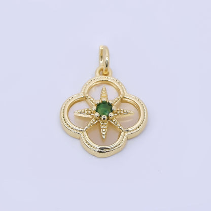24K Gold Filled 16mm Green CZ Shell Pearl Northern Star Clover Flower Charm | AF1275