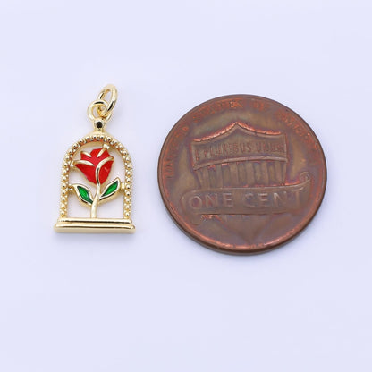 24K Gold Filled 16mm Red Enamel Rose Flower Charm | AC1611